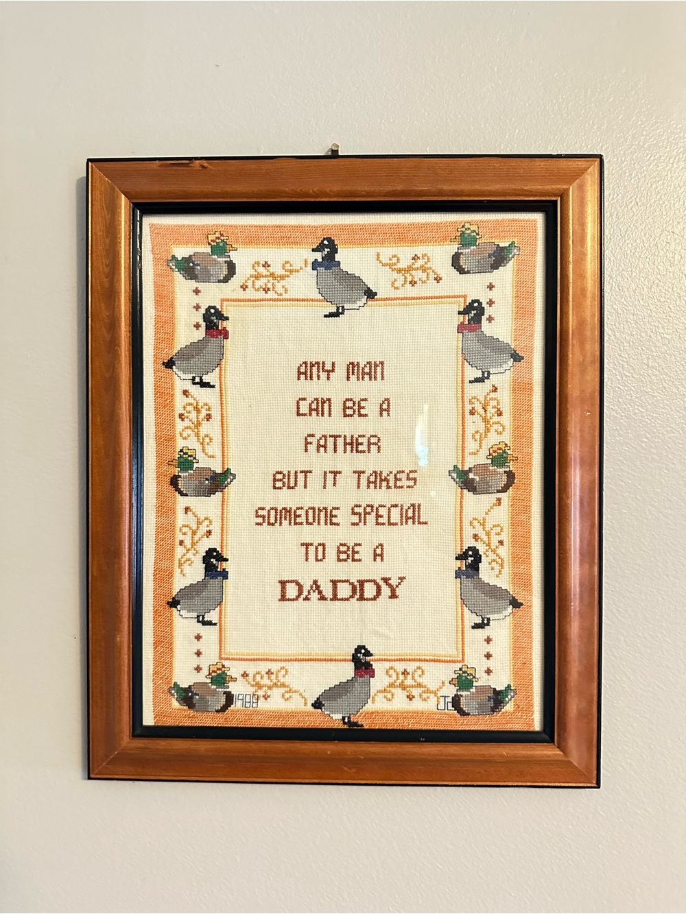 Vintage 1988 Cross Stitch Daddy Geese Folk Art Solid Wood Frame 16.5”